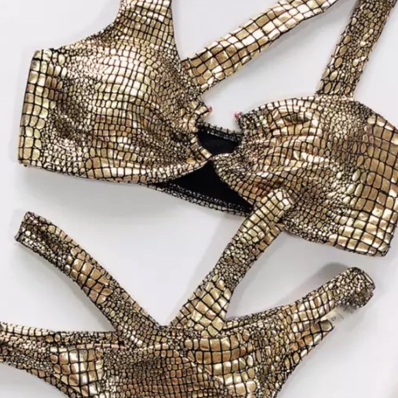 Gold Metallic Snake Print Cut-Out Bikini Swimsuit - Picture 3 of 4